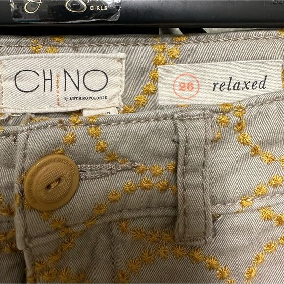 Anthropologie Chino khaki & gold embroidered relaxed pants - Picture 7 of 9